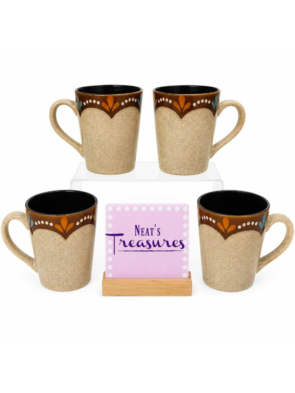 Tabletops Gallery SCALA Brown Speckled Dot Floral 14oz Stoneware Mugs Cups Set 4